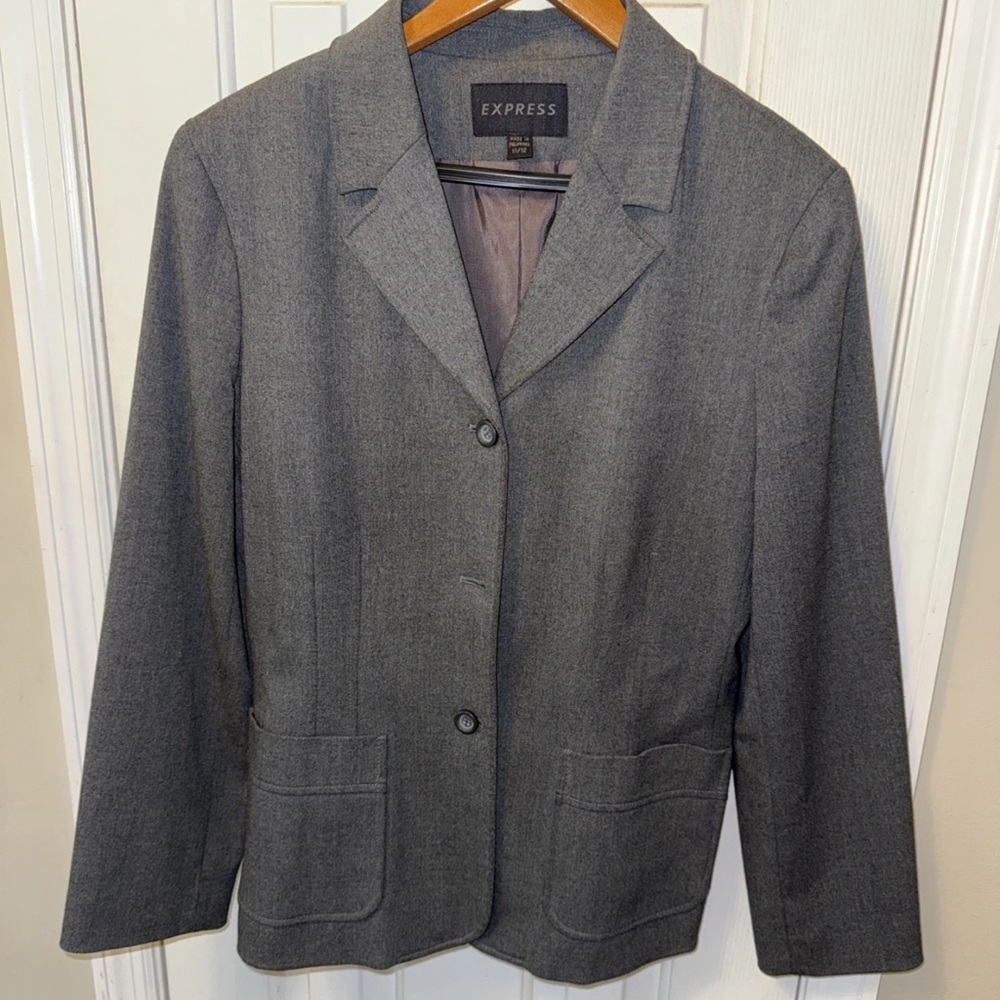 Express Women's 11/12 Gray charcoal Collared Blazer 3 Buttons Lined Career